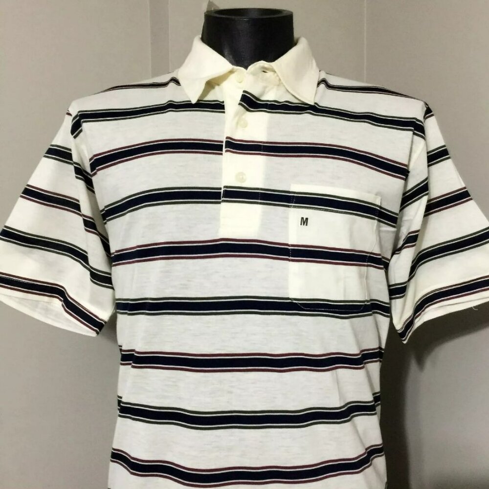 NWT Vintage 90s Savile Row Striped Polo Shirt M Single Stitch Ecru Golf Preppy
